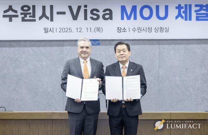 지난해 12월 이재준 수원시장(오른쪽)과 패트릭 스토리 비자 코리아 사장이 중소기업 수출결제 간소화 협약을 체결한 후 함께하고 있다.