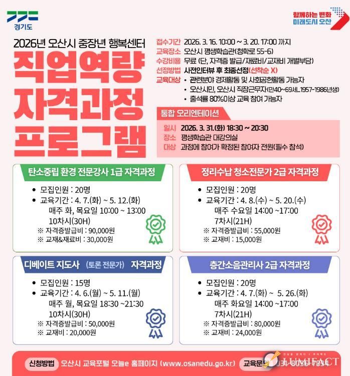 오산시, ‘중장년 행복센터 직업역량 자격과정’ 수강생 모집