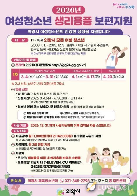 의왕시, 여성청소년 생리용품 보편지원 1차 신청 받아