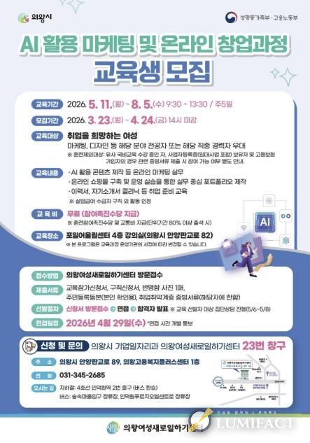 의왕여성새로일하기센터, 인공지능 활용 마케팅 및 온라인 창업과정 교육생 모집