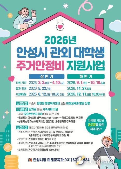 안성시, 관외 대학생 주거안정비 최대 120만원 지원